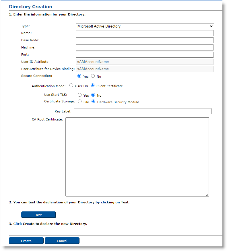 Directory Creation dialog box with additional fields for configuring secure connection displayed in step 1